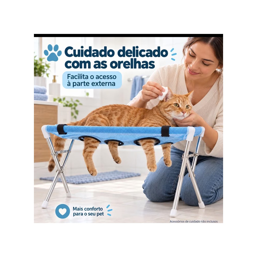 Cuidados externos das orelhas com o pet apoiado no suporte